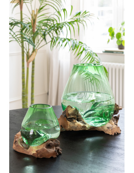 Vase Ovale sur pied Hauteur 33 cm en Verre recyclé Vert Bois de gamal Naturel Gamal - 2