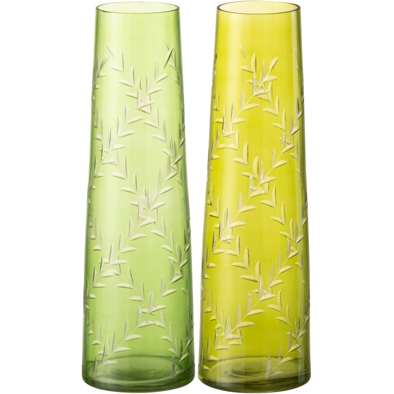 Vase Cylindrique Hauteur 24 cm en Verre Vert Motif feuilles Roman (Lot de 2) - 1