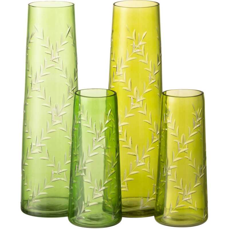 Vase Cylindrique Hauteur 24 cm en Verre Vert Motif feuilles Roman (Lot de 2) - 2