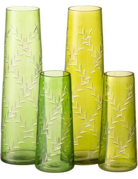 Vase Cylindrique Hauteur 24 cm en Verre Vert Motif feuilles Roman (Lot de 2) - 2