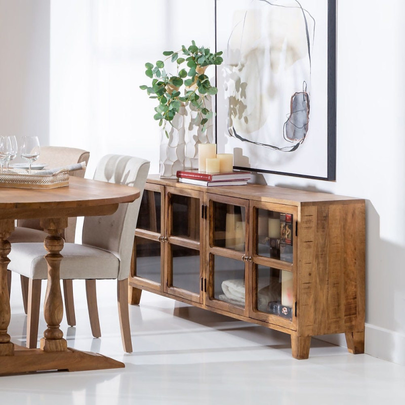 Grand Buffet Enfilade moderne Bas 4 portes en Bois de manguier Naturel Verre Transparent Saimon - 2