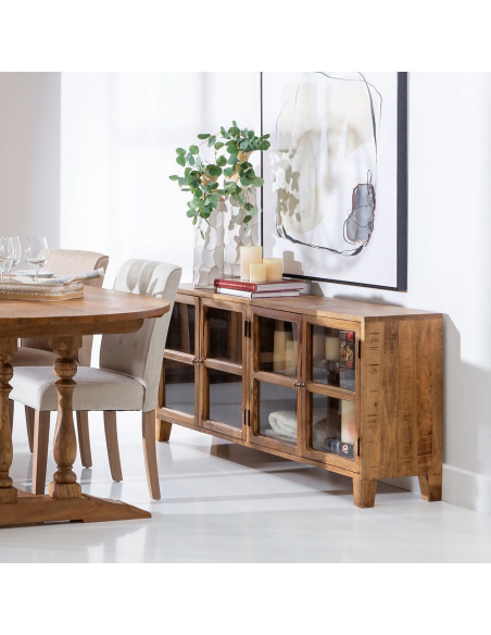 Grand Buffet Enfilade moderne Bas 4 portes en Bois de manguier Naturel Verre Transparent Saimon - 2