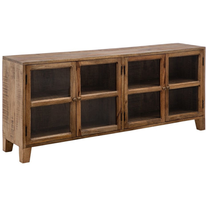 Grand Buffet Enfilade moderne Bas 4 portes en Bois de manguier Naturel Verre Transparent Saimon - 1