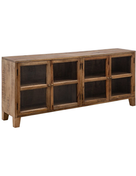 Grand Buffet Enfilade moderne Bas 4 portes en Bois de manguier Naturel Verre Transparent Saimon - 1