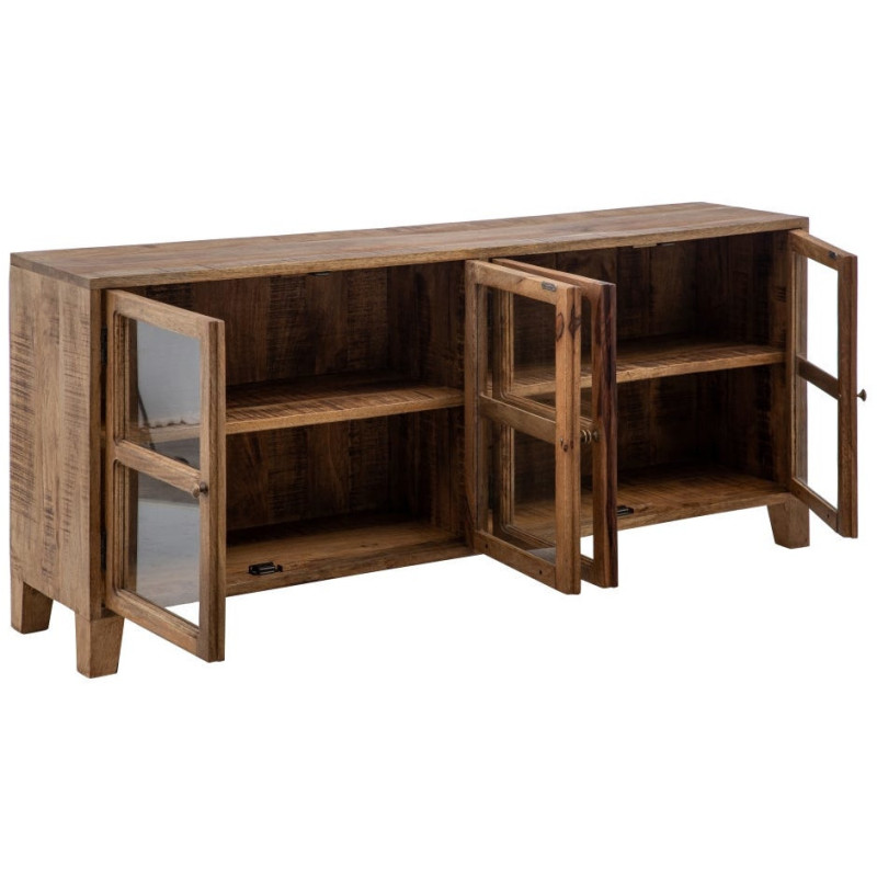 Grand Buffet Enfilade moderne Bas 4 portes en Bois de manguier Naturel Verre Transparent Saimon - 3