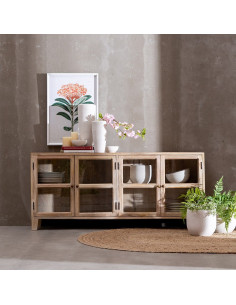 Grand Buffet Enfilade moderne Bas 4 portes en Bois de manguier Naturel Blanchi Verre Transparent Saimon - 2