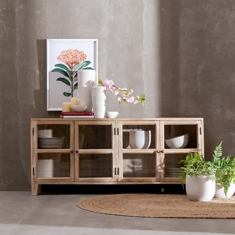 Grand Buffet Enfilade moderne Bas 4 portes en Bois de manguier Naturel Blanchi Verre Transparent Saimon - 2