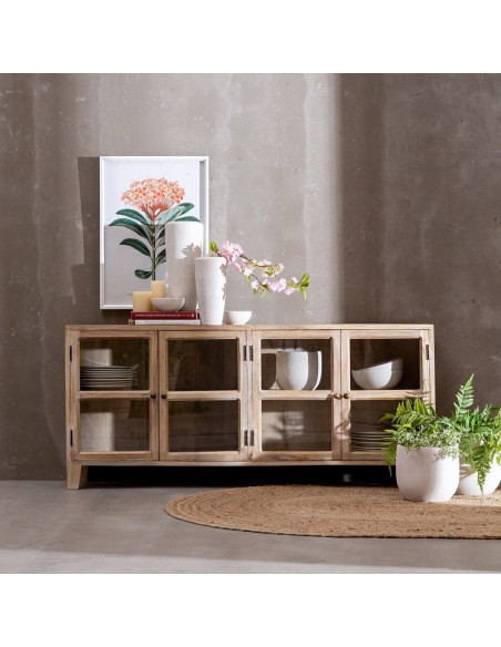 Grand Buffet Enfilade moderne Bas 4 portes en Bois de manguier Naturel Blanchi Verre Transparent Saimon - 2