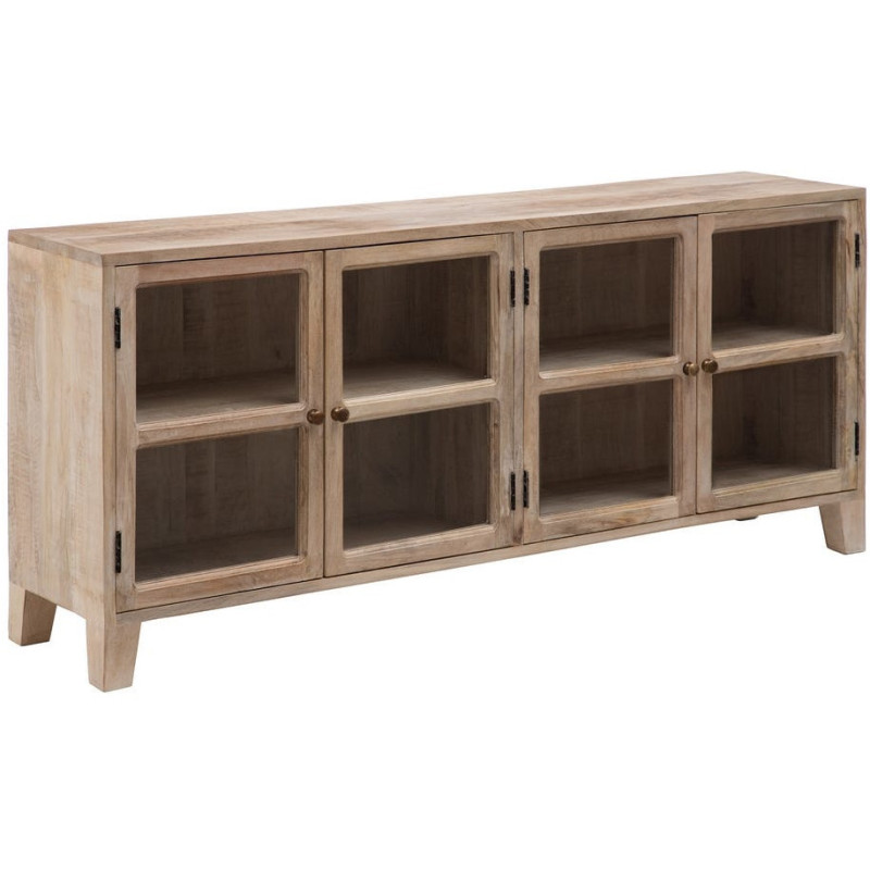 Grand Buffet Enfilade moderne Bas 4 portes en Bois de manguier Naturel Blanchi Verre Transparent Saimon - 1