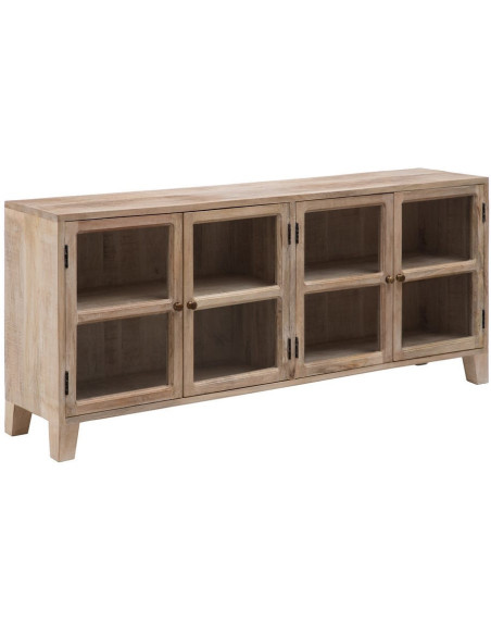 Grand Buffet Enfilade moderne Bas 4 portes en Bois de manguier Naturel Blanchi Verre Transparent Saimon - 1