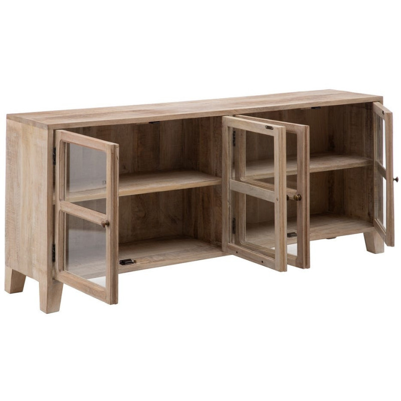 Grand Buffet Enfilade moderne Bas 4 portes en Bois de manguier Naturel Blanchi Verre Transparent Saimon - 3