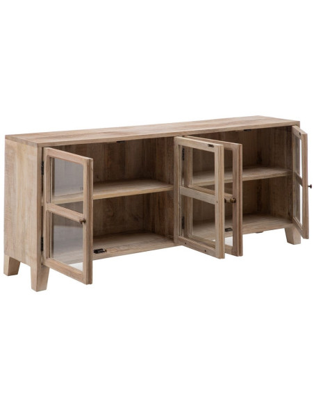 Grand Buffet Enfilade moderne Bas 4 portes en Bois de manguier Naturel Blanchi Verre Transparent Saimon - 3