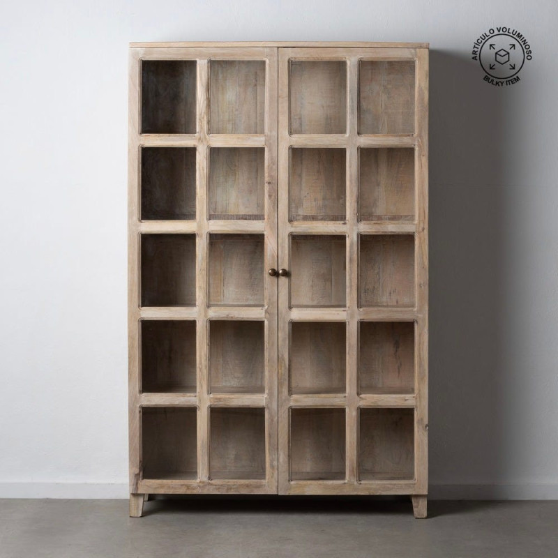 Grand Buffet Vitrine moderne Haut 2 portes en Bois de manguier Naturel Blanchi Verre Transparent Saimon - 10