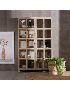 Grand Buffet Vitrine moderne Haut 2 portes en Bois de manguier Naturel Blanchi Verre Transparent Saimon - 2