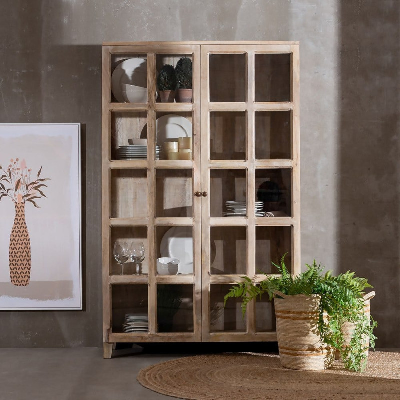 Grand Buffet Vitrine moderne Haut 2 portes en Bois de manguier Naturel Blanchi Verre Transparent Saimon - 2