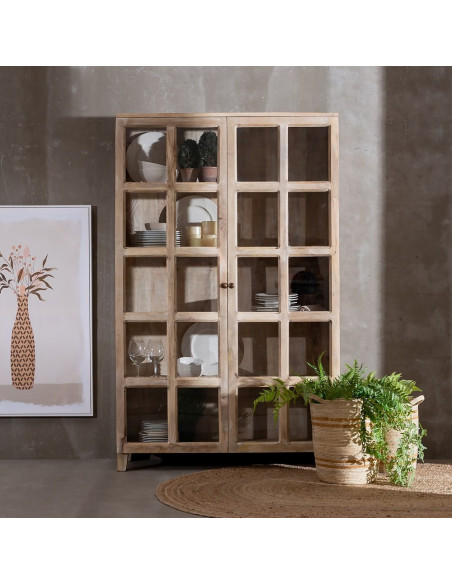 Grand Buffet Vitrine moderne Haut 2 portes en Bois de manguier Naturel Blanchi Verre Transparent Saimon - 2