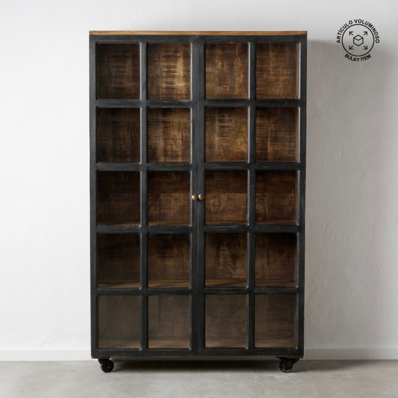 Grand Buffet vitrine industriel sur roulettes 2 portes en Bois de manguier Naturel Noir Verre Transparent Eloy - 9