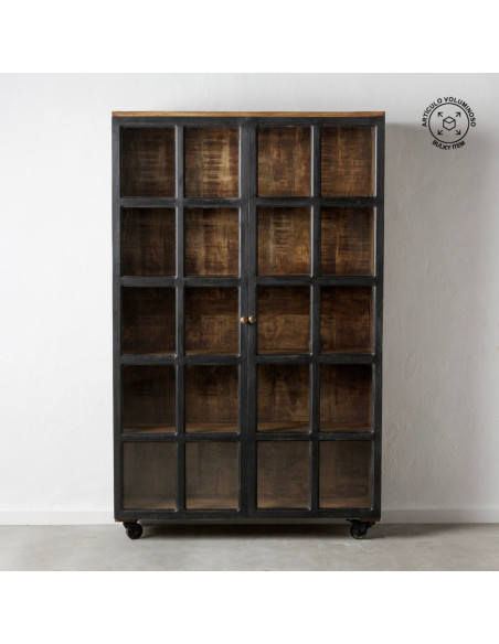 Grand Buffet vitrine industriel sur roulettes 2 portes en Bois de manguier Naturel Noir Verre Transparent Eloy - 9