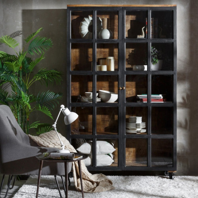 Grand Buffet vitrine industriel sur roulettes 2 portes en Bois de manguier Naturel Noir Verre Transparent Eloy - 2