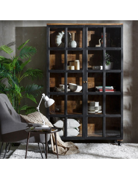 Grand Buffet vitrine industriel sur roulettes 2 portes en Bois de manguier Naturel Noir Verre Transparent Eloy - 2