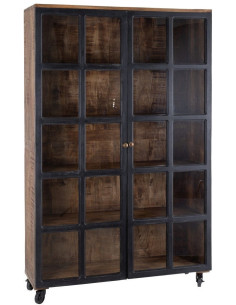 Grand Buffet vitrine industriel sur roulettes 2 portes en Bois de manguier Naturel Noir Verre Transparent Eloy - 1