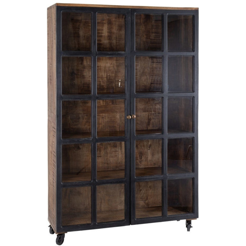 Grand Buffet vitrine industriel sur roulettes 2 portes en Bois de manguier Naturel Noir Verre Transparent Eloy - 1
