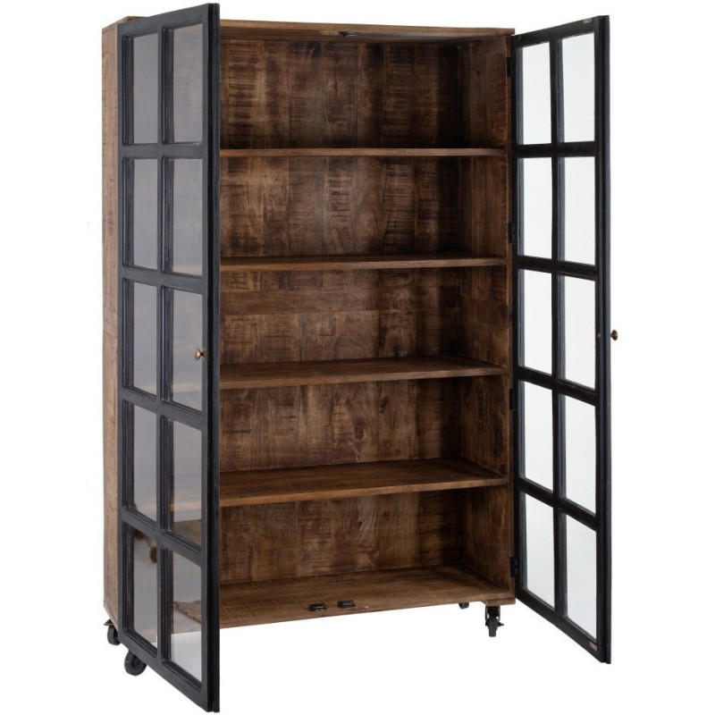 Grand Buffet vitrine industriel sur roulettes 2 portes en Bois de manguier Naturel Noir Verre Transparent Eloy - 3