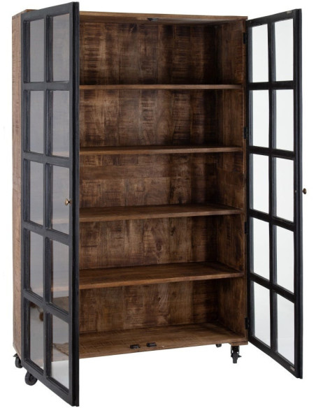 Grand Buffet vitrine industriel sur roulettes 2 portes en Bois de manguier Naturel Noir Verre Transparent Eloy - 3