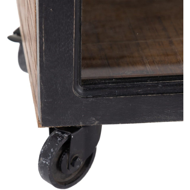 Grand Buffet vitrine industriel sur roulettes 2 portes en Bois de manguier Naturel Noir Verre Transparent Eloy - 4