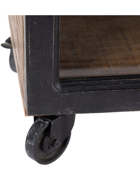 Grand Buffet vitrine industriel sur roulettes 2 portes en Bois de manguier Naturel Noir Verre Transparent Eloy - 4