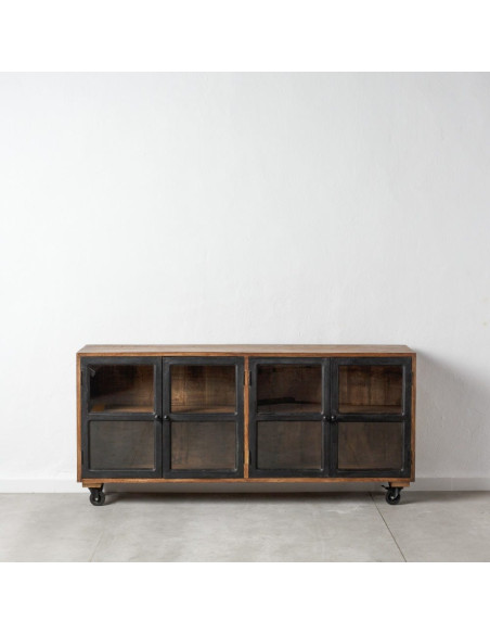 Buffet vitrine industriel sur roulettes 4 portes en Bois de manguier Naturel Noir Verre Transparent Eloy - 9
