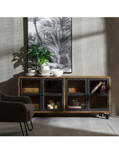 Buffet vitrine industriel sur roulettes 4 portes en Bois de manguier Naturel Noir Verre Transparent Eloy - 2