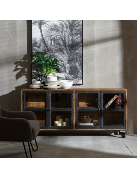 Buffet vitrine industriel sur roulettes 4 portes en Bois de manguier Naturel Noir Verre Transparent Eloy - 2