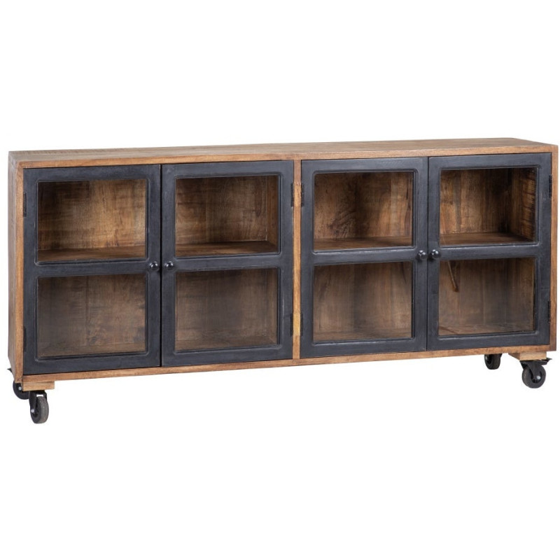 Buffet vitrine industriel sur roulettes 4 portes en Bois de manguier Naturel Noir Verre Transparent Eloy - 1