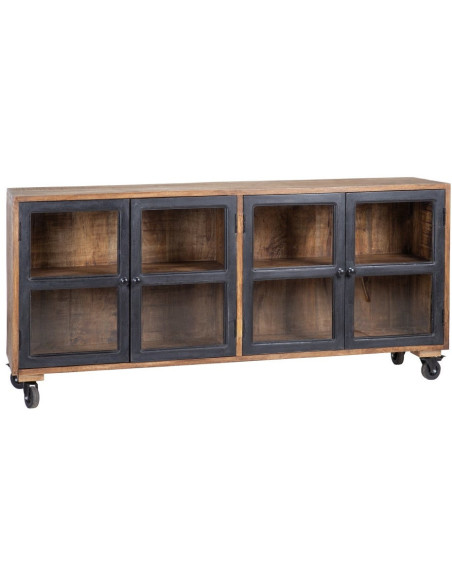 Buffet vitrine industriel sur roulettes 4 portes en Bois de manguier Naturel Noir Verre Transparent Eloy - 1