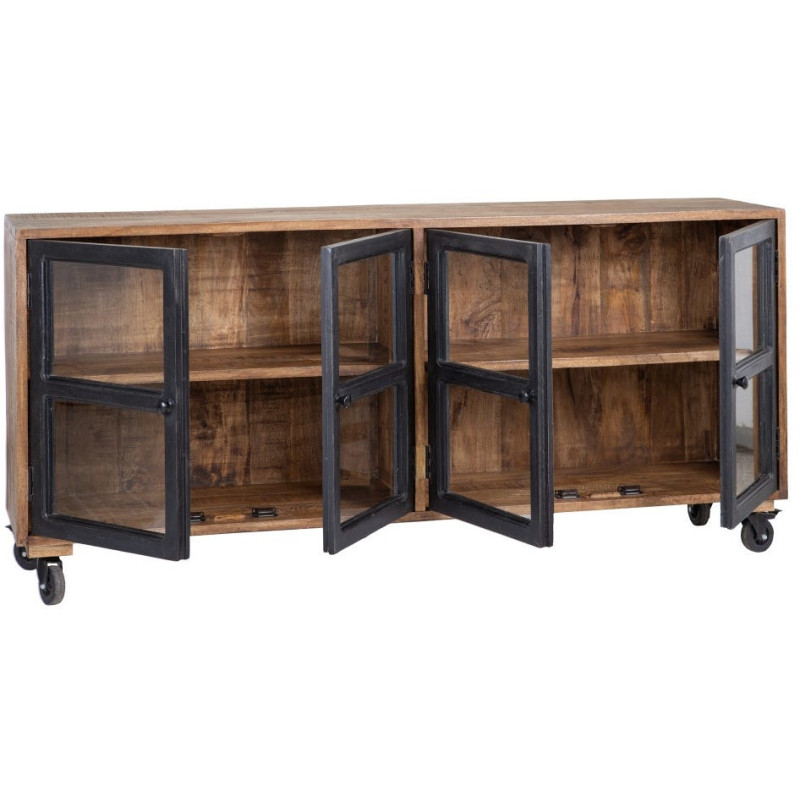 Buffet vitrine industriel sur roulettes 4 portes en Bois de manguier Naturel Noir Verre Transparent Eloy - 3