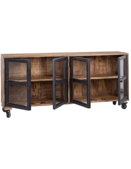 Buffet vitrine industriel sur roulettes 4 portes en Bois de manguier Naturel Noir Verre Transparent Eloy - 3