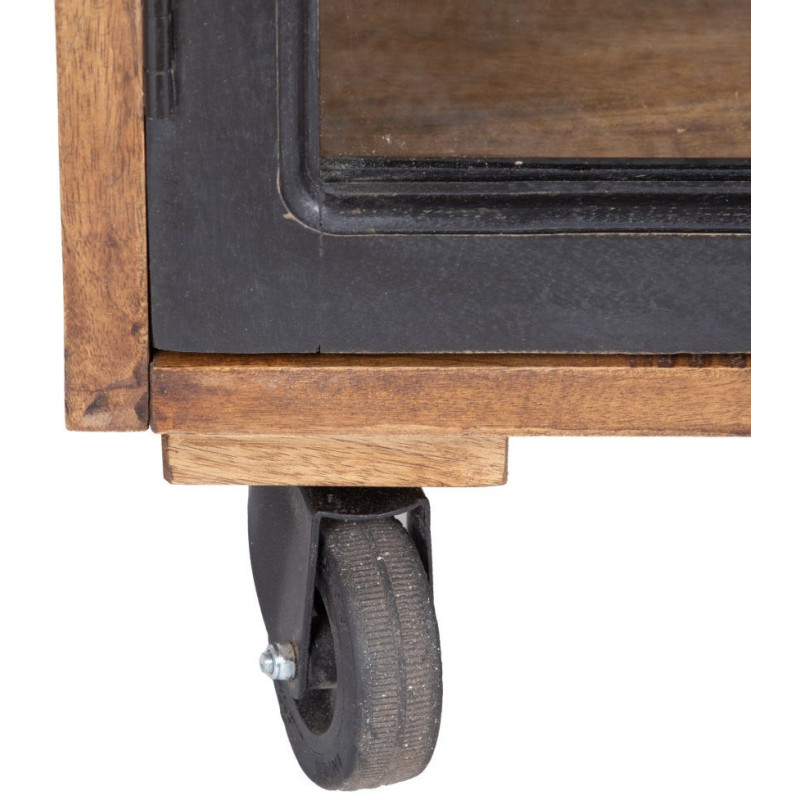 Buffet vitrine industriel sur roulettes 4 portes en Bois de manguier Naturel Noir Verre Transparent Eloy - 4