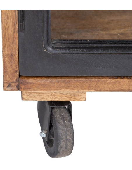 Buffet vitrine industriel sur roulettes 4 portes en Bois de manguier Naturel Noir Verre Transparent Eloy - 4