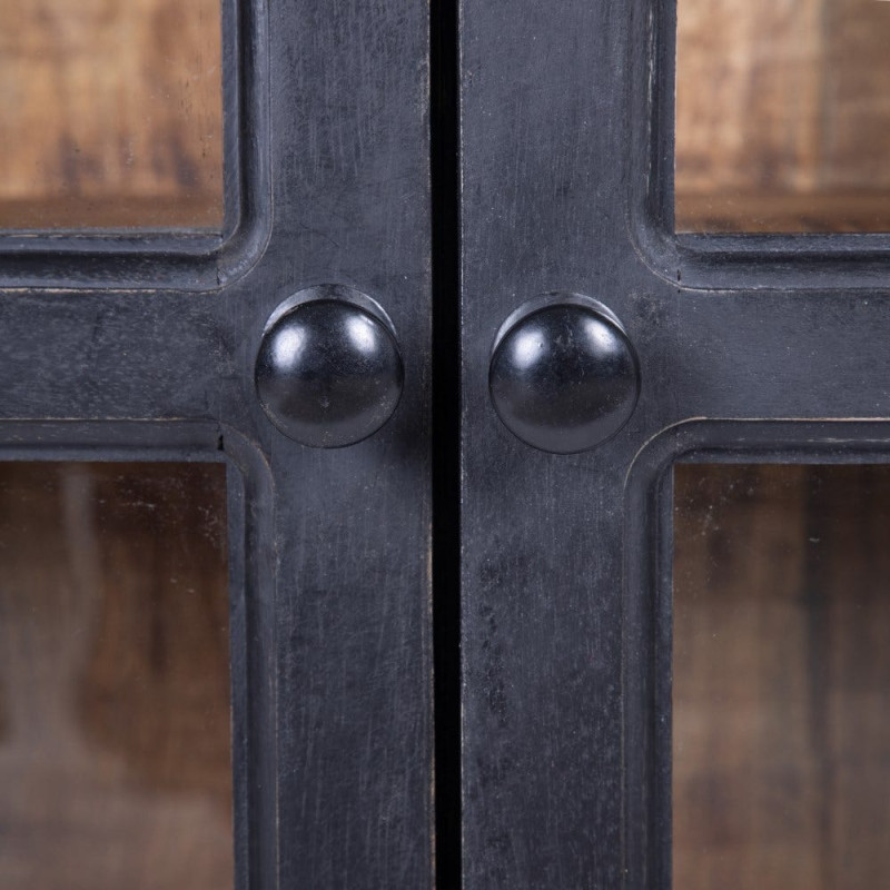 Buffet vitrine industriel sur roulettes 4 portes en Bois de manguier Naturel Noir Verre Transparent Eloy - 5