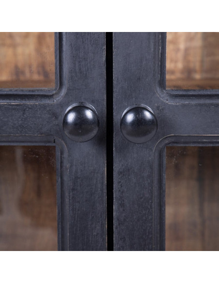 Buffet vitrine industriel sur roulettes 4 portes en Bois de manguier Naturel Noir Verre Transparent Eloy - 5