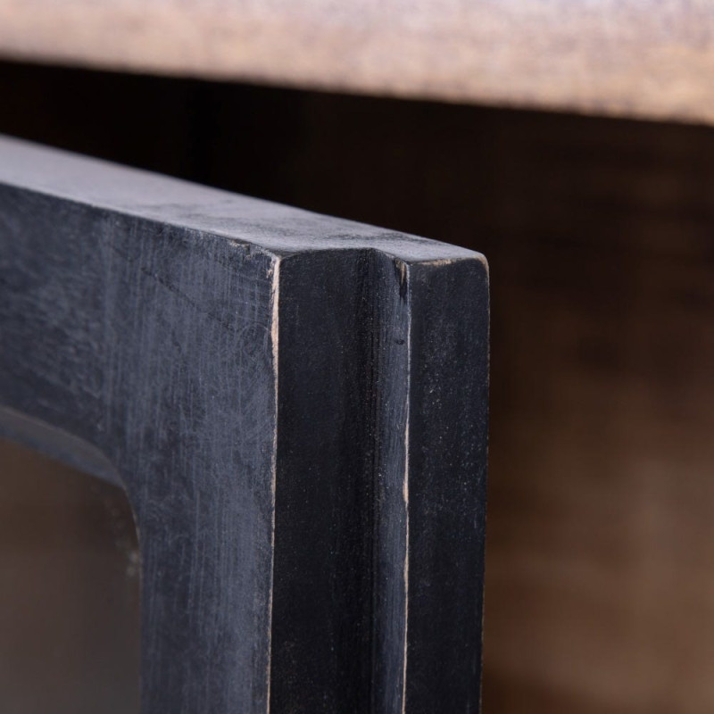 Buffet vitrine industriel sur roulettes 4 portes en Bois de manguier Naturel Noir Verre Transparent Eloy - 7