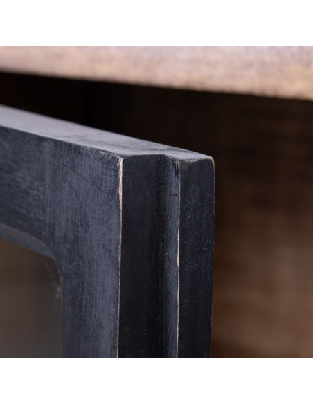 Buffet vitrine industriel sur roulettes 4 portes en Bois de manguier Naturel Noir Verre Transparent Eloy - 7