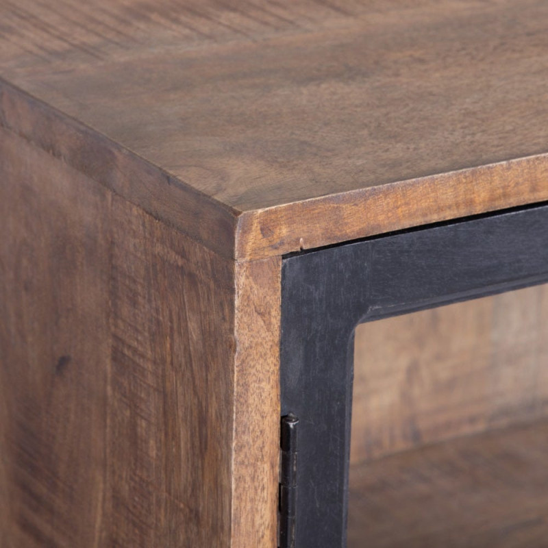 Buffet vitrine industriel sur roulettes 4 portes en Bois de manguier Naturel Noir Verre Transparent Eloy - 8