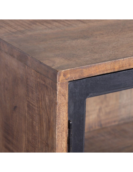 Buffet vitrine industriel sur roulettes 4 portes en Bois de manguier Naturel Noir Verre Transparent Eloy - 8