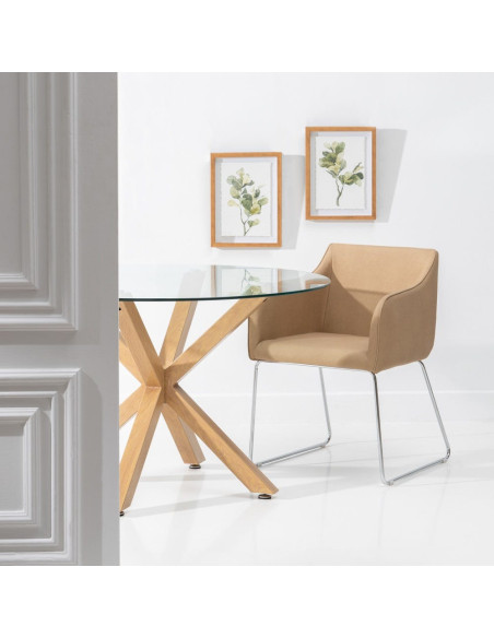 Table à manger moderne Ronde 6 personnes en Verre trempé Transparent Métal Effet bois naturel Karina - 2