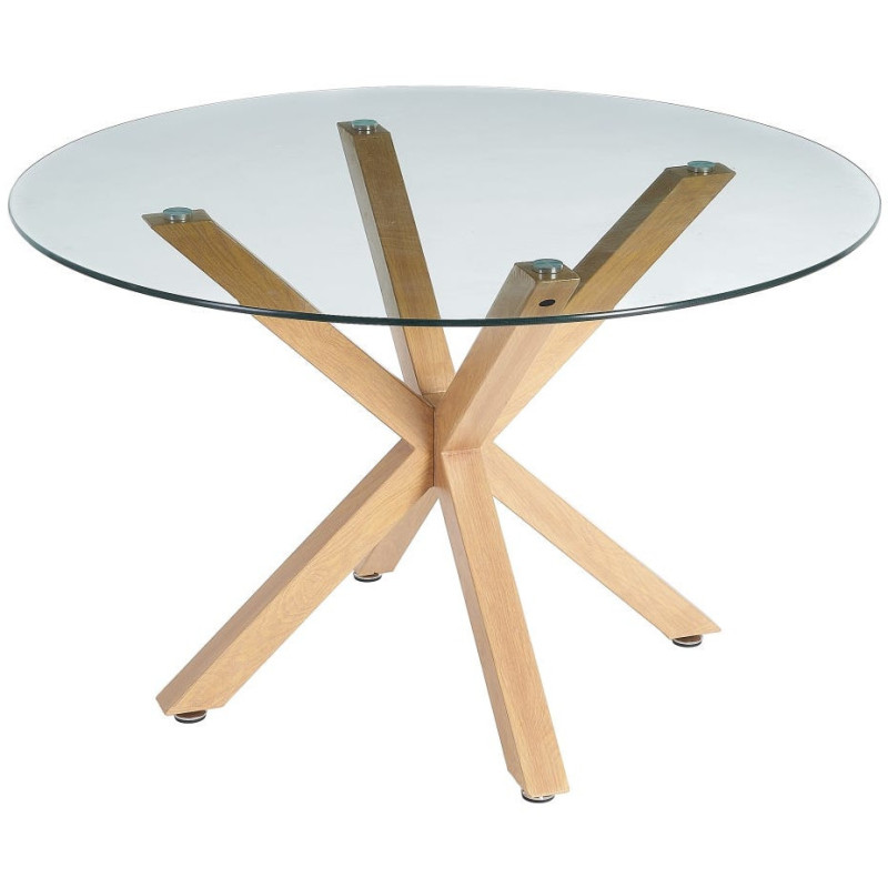 Table à manger moderne Ronde 6 personnes en Verre trempé Transparent Métal Effet bois naturel Karina - 1