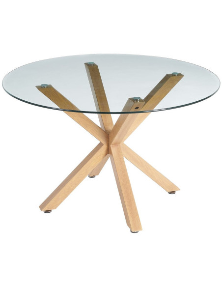 Table à manger moderne Ronde 6 personnes en Verre trempé Transparent Métal Effet bois naturel Karina - 1