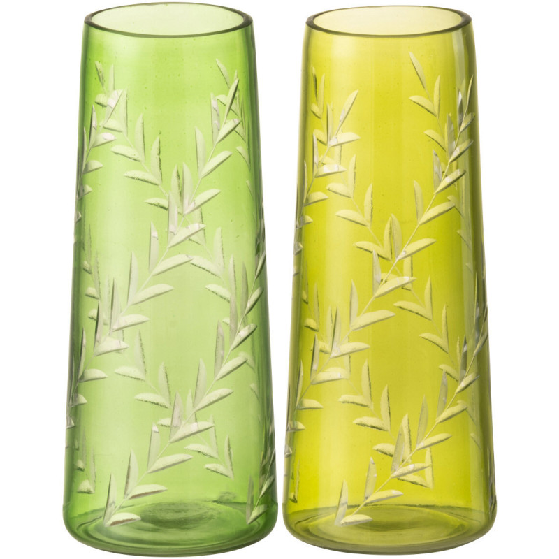 Vase Cylindrique Hauteur 15 cm en Verre Vert Motif feuilles Roman (Lot de 2) - 1