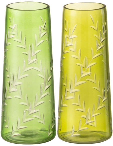 Vase Cylindrique Hauteur 15 cm en Verre Vert Motif feuilles Roman (Lot de 2) - 1